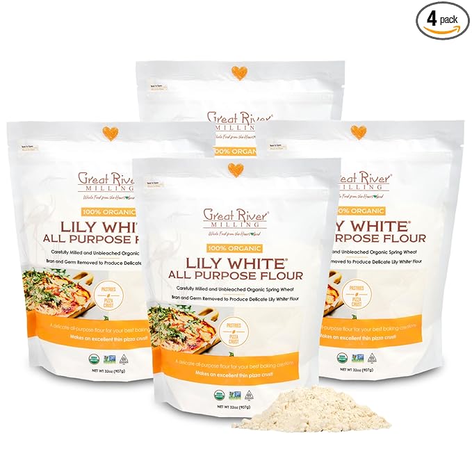 Great River Organic Milling Lily White Organic All-Purpose Flour | Unbleached & Unbromated | Non-GMO, Kosher | Ideal for Bread, Cookies, Cakes, Pizza Dough & Everyday Baking | 2 Lb (Pack of 4)