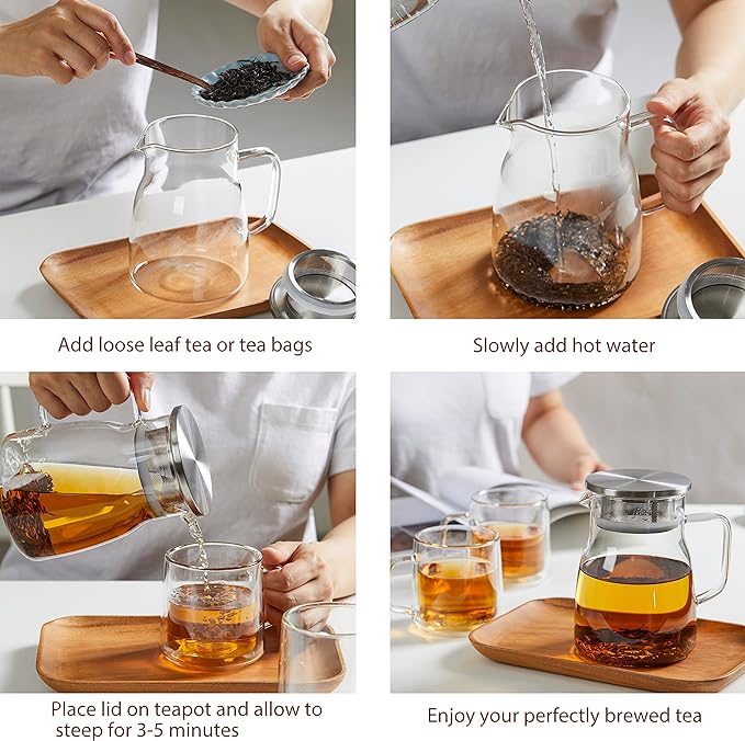CNGLASS One-Touch Glass Teapot, 27oz(800ml) Glass Tea Kettle with Stainless Steel Filter Lid, Stovetop Safe Loose Leaf Tea Maker