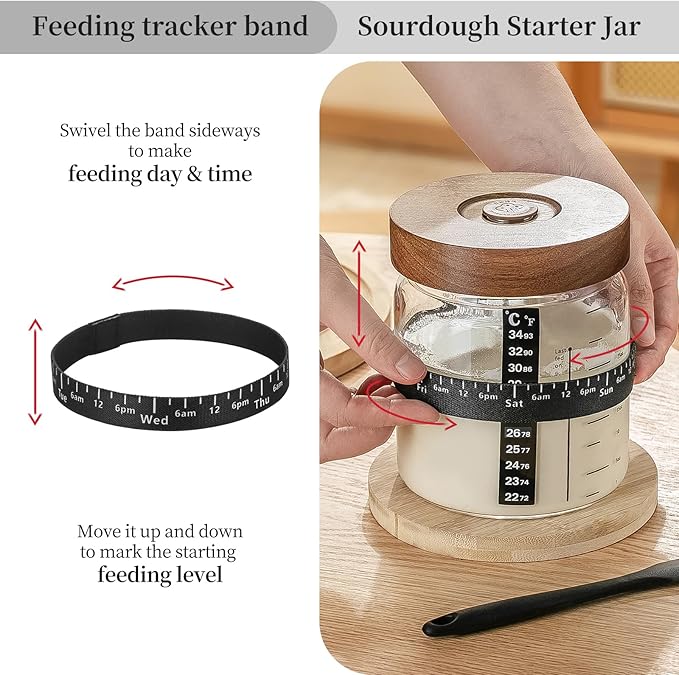 Sourdough Starter Jar 2Pack，Wood Sealed Lid with Automatic Exhaust,35OZ with Ounce Scale Line,Date Marked Feeding Band, Thermometer, Sourdough Jar Scraper,Wide Mouth for Sourdough Bread Baking