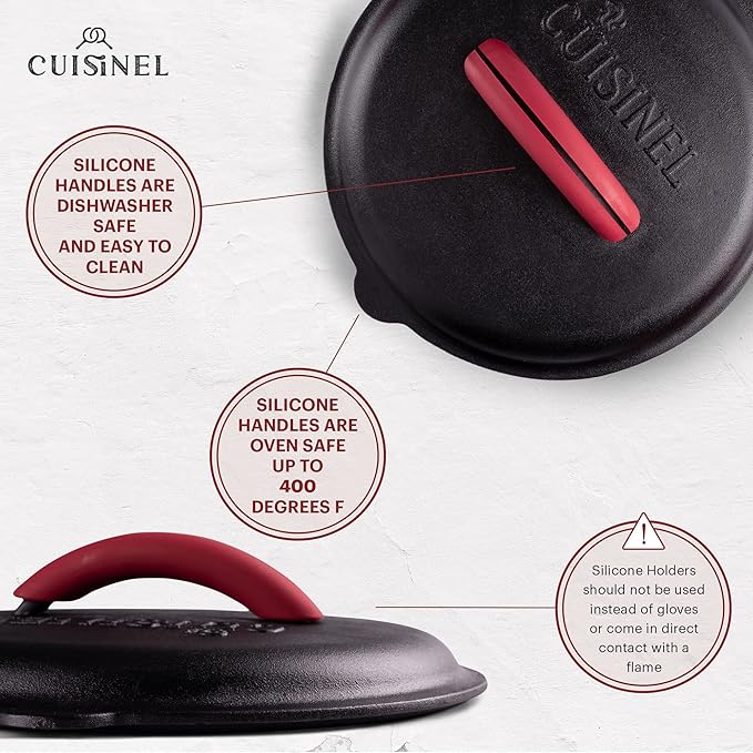 Cuisinel Cast Iron Lid - Fits 10"-Inch Lodge Skillet Frying Pans or Braiser + Silicone Handle Holder + Care Guide - 25.4-cm Pre-Seasoned Universal Replacement Cover - Indoor/Outdoor, Fire, BBQ Safe