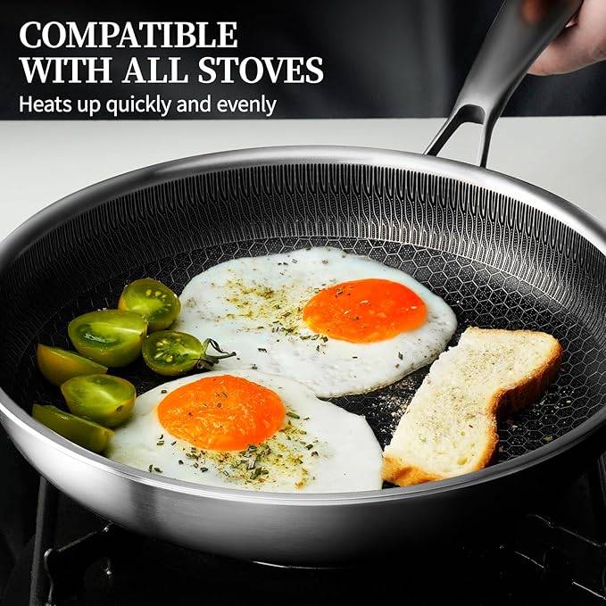Stainless Steel Frying Pan with Lid - 9.5 Inch Nonstick Frying Pan with Lid, Honeycomb Stainless Steel Skillet Omelet Chef's Pan with Stay Cool Handle, Induction Compatible, PFOA Free