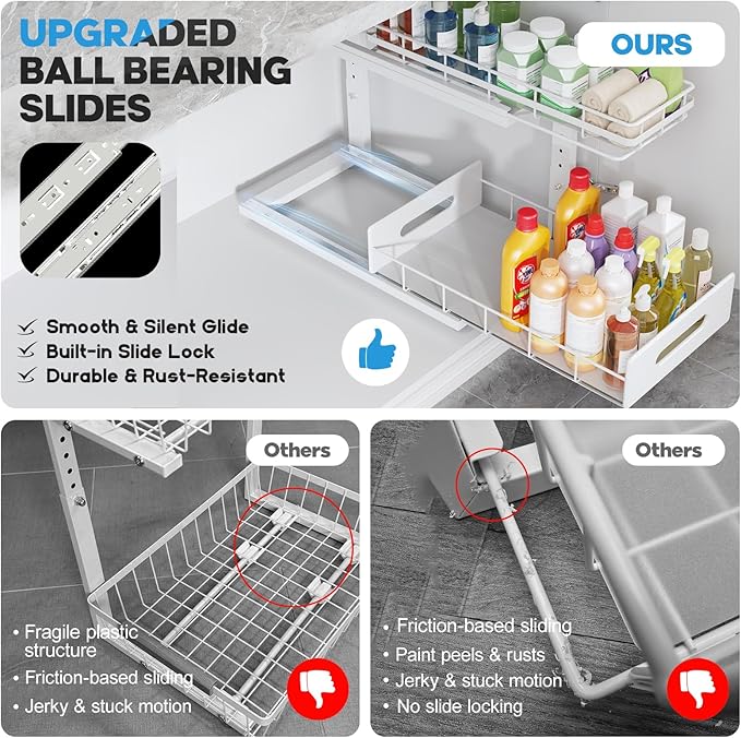 2 Pack 18 IN Depth Under Sink Organizer with Smooth Ball Bearing Slides,2-Tier Pull Out Cabinet Storage,Slide Out Drawers for Bathroom&Kitchen,Rust-resistant Coating,Height Adjustable-White