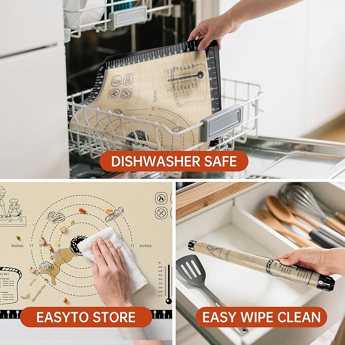 Silicone Baking Mat with 10 Recipes, Extra Thick Silicone Mats for Baking, Non Stick Pastry Mat,Reusable kneading Dough Rolling Mat for Cookie, Macaron, Bread, Pizza