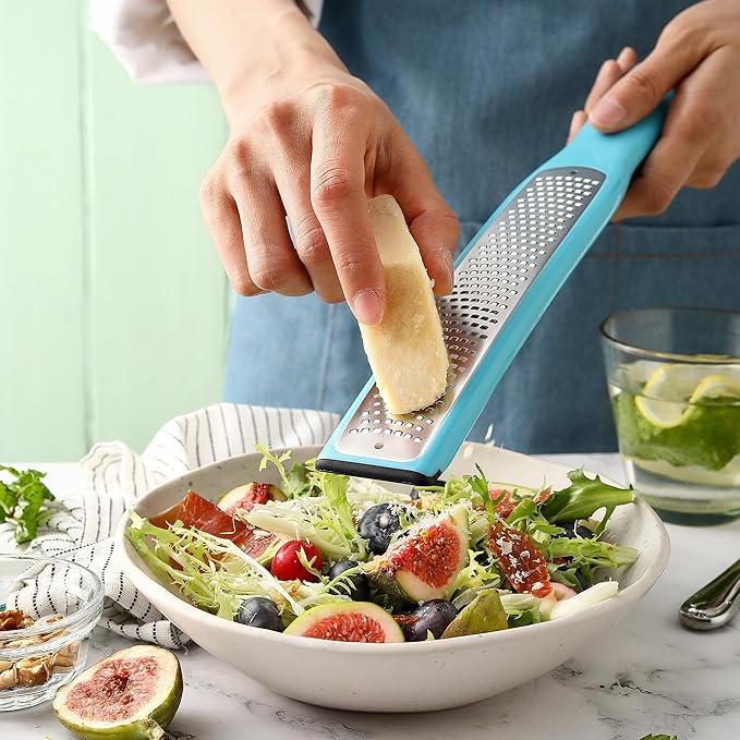 Spring Chef Premium Lemon Zester Grater with Handle - Fruits, Garlic, Chocolate, Nutmeg, Ginger Grater - Heavy Duty Kitchen Tool - Stainless Steel Citrus Zester with Blade Cover - Fine Shred, Aqua Sky