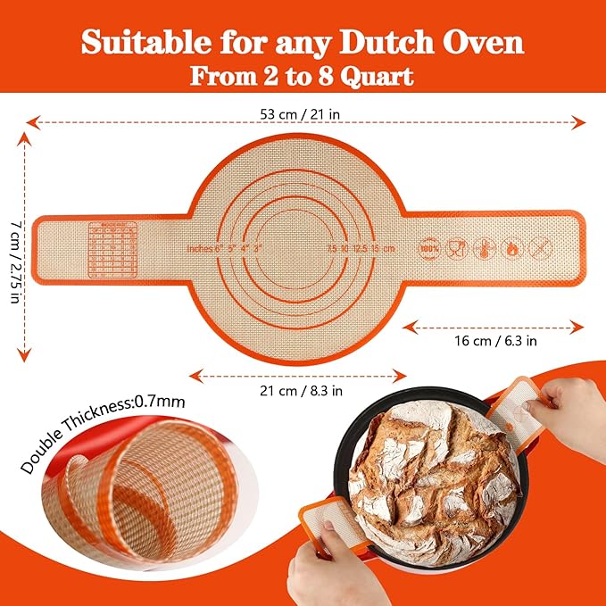 UBeesize 2 Pack Thickened Silicone Bread Sling, Reusable Sourdough Bread Baking Mat For Dutch Oven 2-8 Qrt, Non-Stick, Easy To Clean, With Extra Long Handles Bread Baking Sheet Liner.