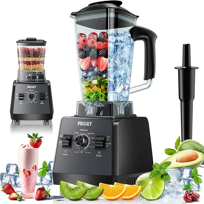 Professional Blender,Smoothies Blenders, PRASKY Max.2400Watts/1000Watts Blender and Grinder Combo 25000RPM Powerful Kitchen 68oz BPA Free 2 Containers Countertop Blenders Ice Crushing, Juice