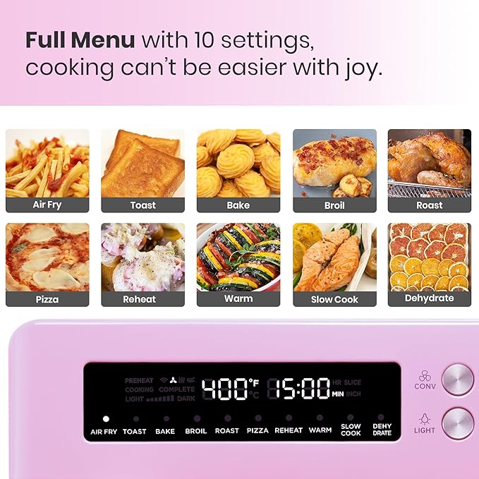 Retro Style Infrared Heating Air Fryer Toaster Oven, Extra Large Countertop Convection Oven 10-in-1 Combo, 6-Slice Toast, Enamel Baking Pan Easy Clean with Recipe Book, Classic Pink Color