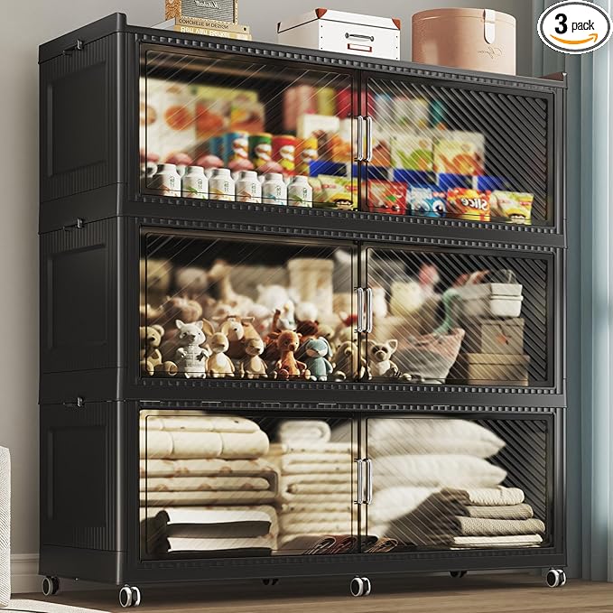 240GAL Extra Large Stackable Storage Bins with Lid, 960QT Plastic Storage Bins with 6x Wheels, Collapsible Closet Organizer and Storage Drawer Cabinet for Living Room Office Dorm, 3Pack Black