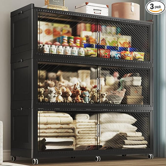 240GAL Extra Large Stackable Storage Bins with Lid, 960QT Plastic Storage Bins with 6x Wheels, Collapsible Closet Organizer and Storage Drawer Cabinet for Living Room Office Dorm, 3Pack Black