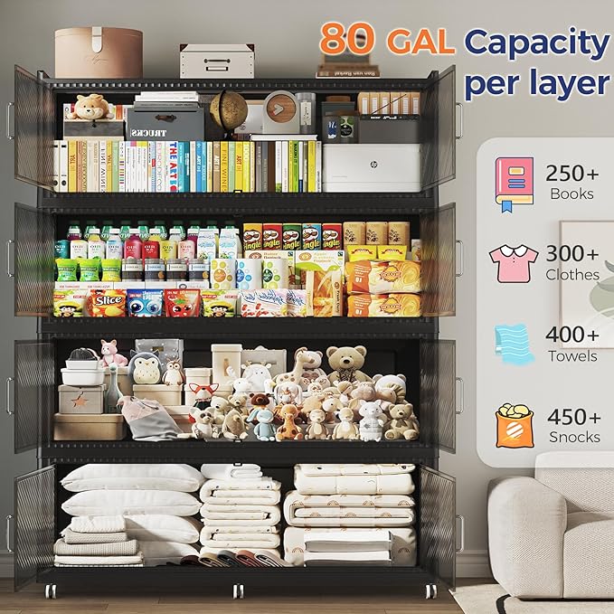 320GAL Extra Large Storage Bins with Lid, 1280QT Plastic Stackable Storage Bins with 6x Wheels, Collapsible Closet Organizer and Storage Drawer Cabinet for Living Room Office Dorm, 4Pack Black