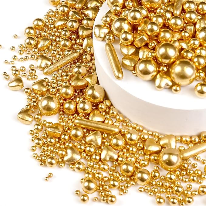 Gold Pearl Heart Sprinkles, Pearls Sprinkles For Cake Decorating, 150g/5.29oz Mix Size Sugar, Donuts, Cakes, Ice Cream, Mother's Day, Valentine's Day, Wedding Party, Christmas Supplies