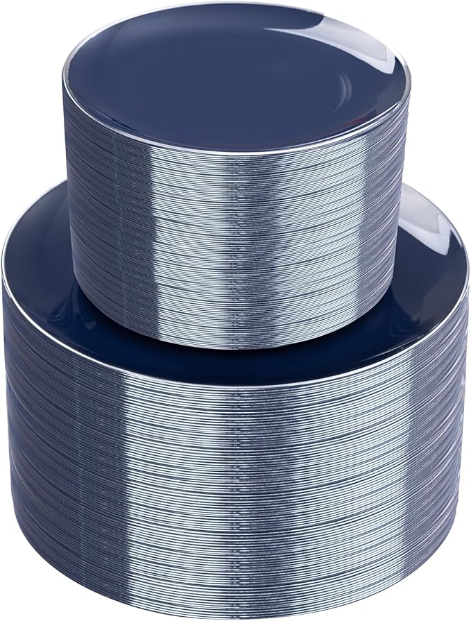 KIRE 200PCS Blue Plastic Plates with Silver Rim - Navy Blue Plastic Plates Include 100 Dinner & Dessert Plate - Heavy Duty Dark Blue Disposable Plate for Parties/Wedding