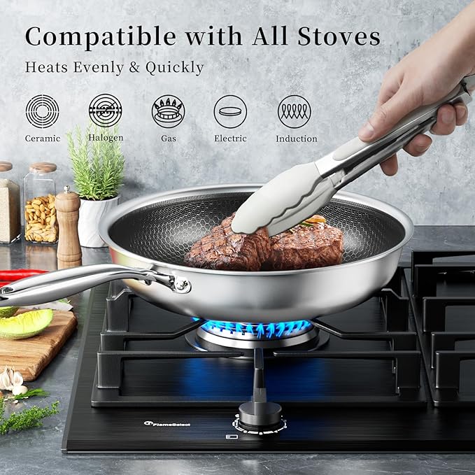 Tri-Ply Stainless Steel Frying Pan Set with Lid,9.5Inch 11Inch Nonstick Honeycomb Stainless Steel Cooking Pan Set of 2 Skillet Works Pan for Cooking with Induction Gas Stovetops