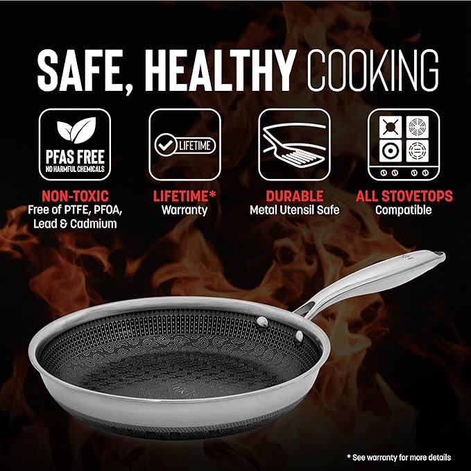 Hell's Kitchen Hybrid 9.5" Frying Pan, Tri-Clad Stainless Steel and Nonstick Ceramic PFAS Free, no PFOA, no PTFE, no Teflon, Non Toxic Cookware, Metal Utensil Safe, All Cooktops, Oven Safe