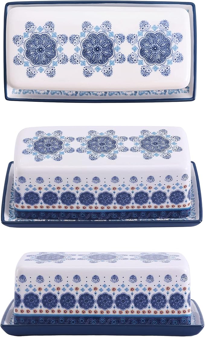 Bico Blue Talavera Ceramic Butter Dish with Lid, Wide Butter Keeper for Counter, Kitchen Countertop, Microwave and Dishwasher Safe
