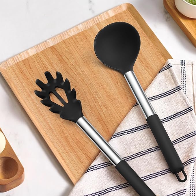 TeamFar Silicone Pasta Fork and Ladle Spoon Set, 2 Pcs Large Nonstick Kitchen Utensils with Stainless Steel Handle for Cooking, Draining, Serving Soup, Sauce, Spaghetti, Healthy & Heat-Proof, Black