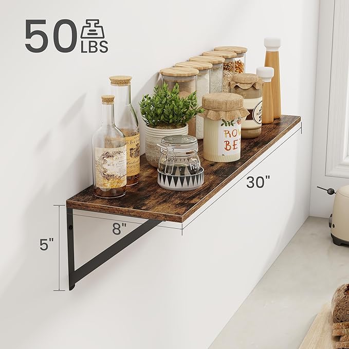 Heimlove Deep Floating Shelves for Wall, 30W x 8D Wood Wall Shelves Set of 2, Wide Floating Bookshelf for Living Room, Kitchen, Office, Bedroom and Decor Storage, with Metal Bracket - Rustic Brown