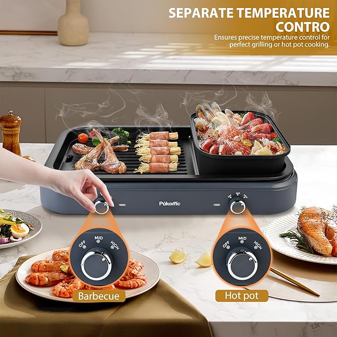 Pukomc Electric Hot Pot with Grill，2 in 1 Korean BBQ Grill Shabu Shabu Hot Po， 1500W / Temperature Control, Quick Heating Detachable Hot Pot and Baking Tray，gray