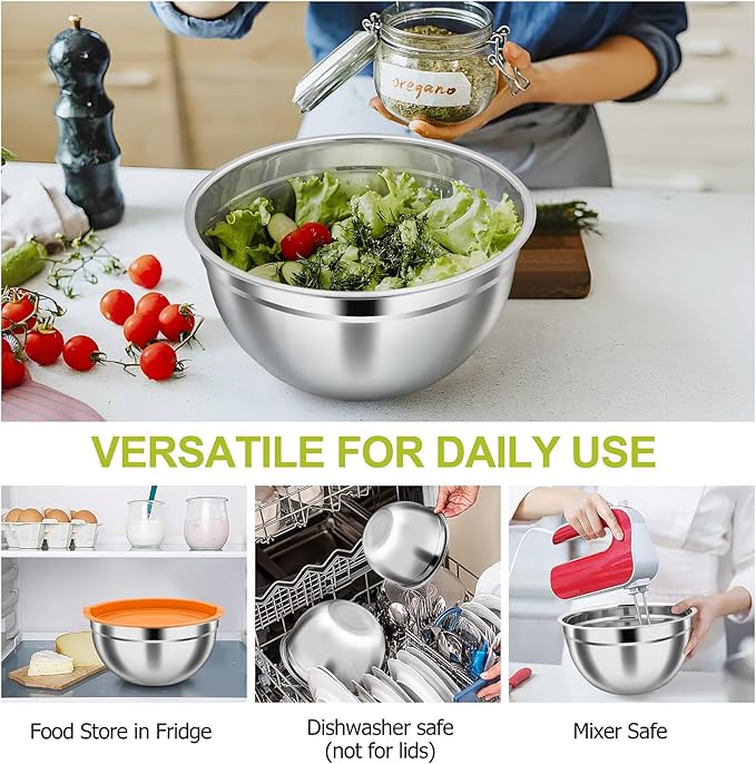 TeamFar Mixing Bowls, Stainless Steel Nesting Salad Bowls with Airtight Lids Set, For Serving/Mixing/Storing, Healthy & Long-lasting, Dishwasher Safe & Easy Clean, 4.6/3 / 1.5 QT, Colorful