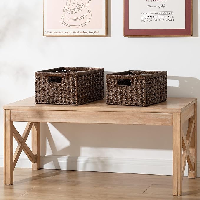 GRANNY SAYS Wicker Baskets for Organizing, Storage Basket for Shelves, Square Shelf Baskets with Handles, Waterproof Woven Basket for Living Room, Baskets for Entryway, Brown