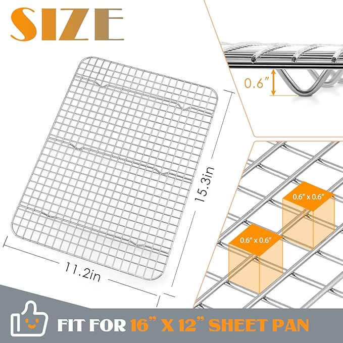 Cooling Rack Set of 2, E-far Stainless Steel Baking Rack for Oven Roasting Cooking Bacon Cooling Cookie Cake, 15.3” x 11.2” Metal Bakeable Mesh Grilling Wire Racks, Non-toxic & Dishwasher Safe