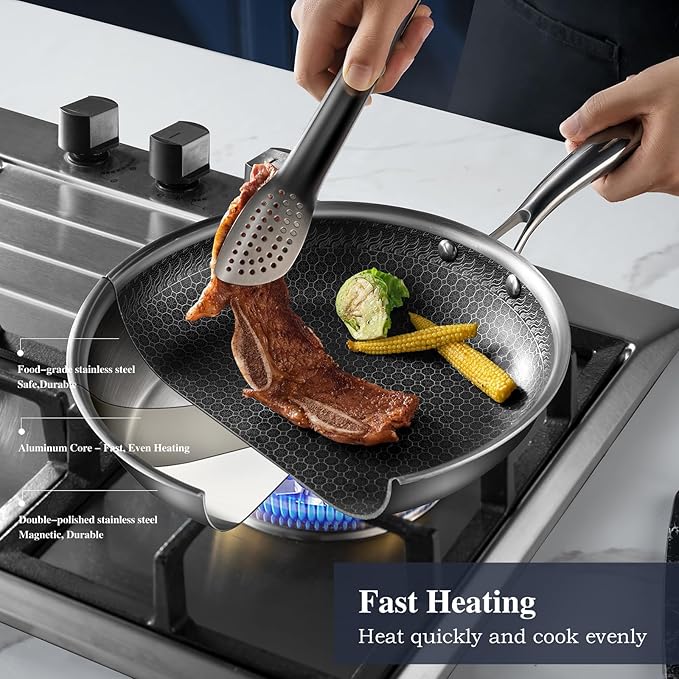 Cookware Set, Hybrid Skillets and Frying Pans Set(8+10+12inch), PFOA Free Kitchen set Dishwasher and Oven Safe Induction Compatible Stainless Steel Skillets