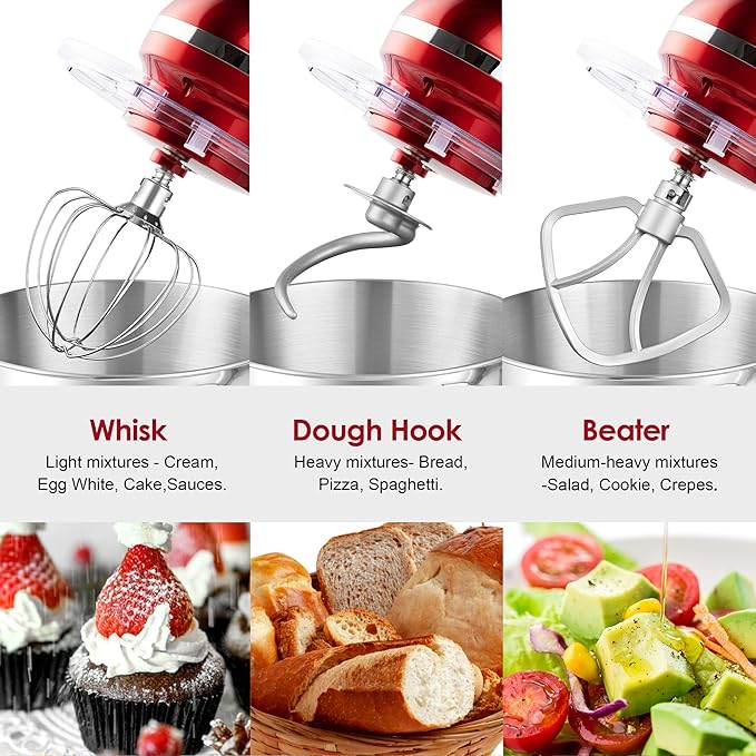 Aucma Stand Mixer,6.5-QT 660W 6-Speed Tilt-Head Food Mixer, Kitchen Electric Mixer with Dough Hook, Wire Whip & Beater 2 Layer Red Painting (6.5QT, Red)