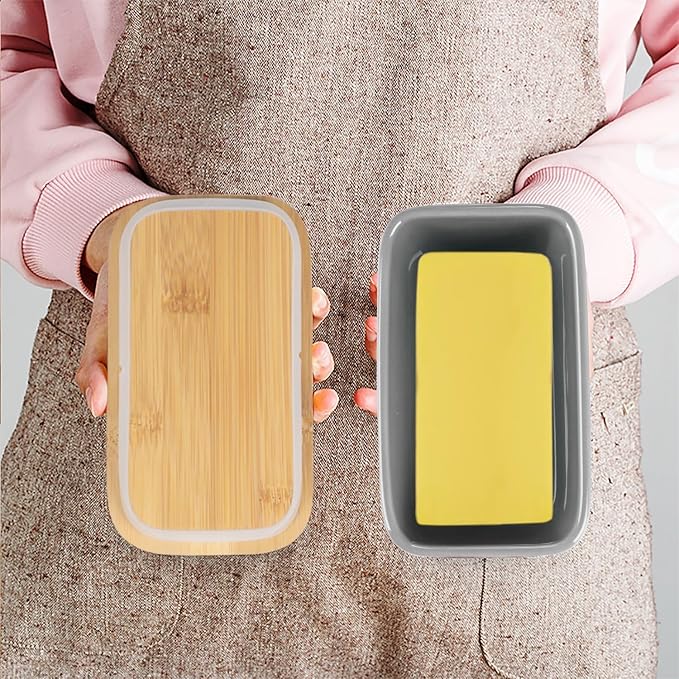 Ceramic Butter Dish with Wooden Lid, Large Butters Container Keeper Storage with Stainless Steel Knife Spreader, Bamboo Cover and Silicone Sealing Ring for West East Coast, Grey