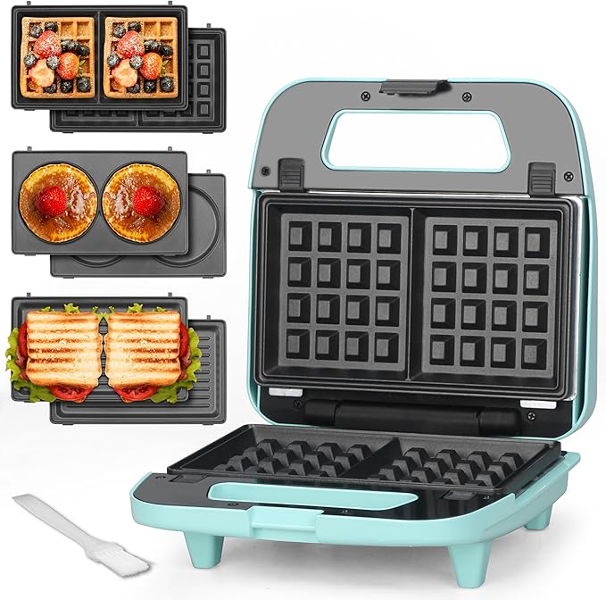 Baker’s Friend 3 in 1 Mini Waffle Maker with Removable Plates, Mini Pancake Maker, Grilled Cheese Maker, Breakfast Sandwich Maker Press, Mini Indoor Grill, Belgian Waffle Maker, Aqua