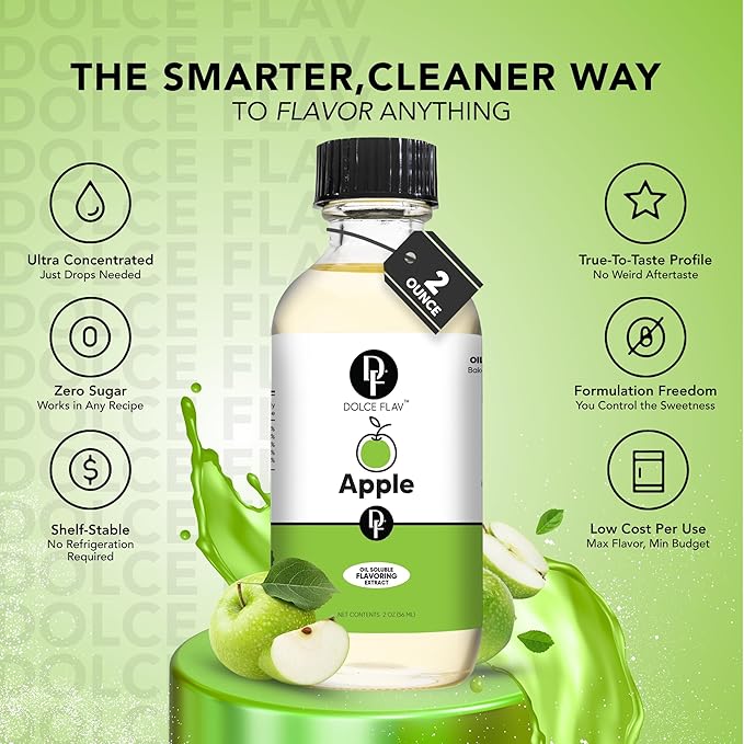 Dolce Flav Apple Extract – 2 Ounce Oil-Soluble Kosher, Sugar-Free, Concentrated Crisp Apple Flavoring for Baking, Chocolates & Desserts, Includes Measured Dropper