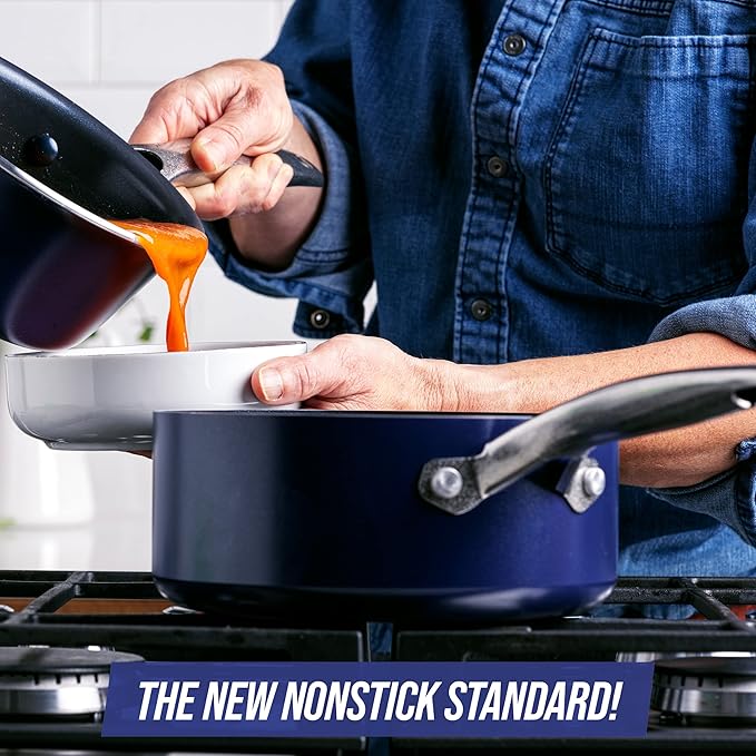 Blue Diamond Cookware 1QT and 2QT Saucepan Set, Diamond Infused Ceramic Nonstick, PFAS and PFOA-Free, Dishwasher Safe, Oven Safe, Durable, Versatile, Easy Clean, Even Heating, Blue