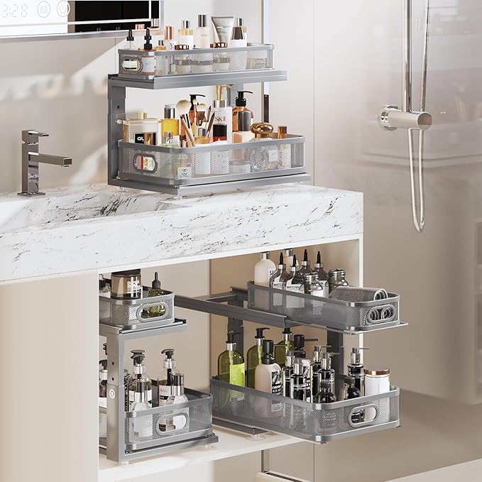 2 Pack 18.5IN-Depth Under Sink Organizer With Next-Gen Ball-Bearing Slides,2-Tier Precision Mesh Pull Out Cabinet Storage for Bathroom&Kitchen,Height Adjustable Drawers Shelf,Anti-rust-Grey