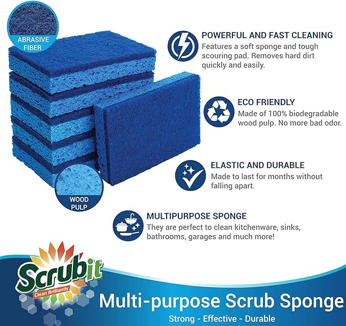 SCRUBIT Kitchen Scrub Sponges - Non-Scratch Dishwashing Sponge for Cleaning Dishes, pots and Pans - 12 Pack (Blue)