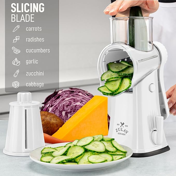 Zulay Kitchen Rotary Cheese Grater 5 Blade Cheese Shredder - Manual Hand Crank Cheese Grater With Reinforced Suction & 5 Interchangeable Drums - Easy to Use, Vegetable Chopper Round Mandoline Slicer