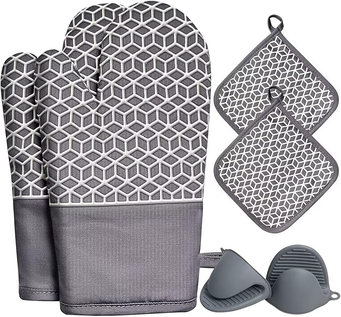 Oven Mitts and Pot Holders Sets 6pcs, Thick Cotton Oven Gloves High Heat Resistant 500℉with Extra Long Oven Mitts and Hot Pads Potholders with Non-Slip Silicone Surface for Cooking Baking