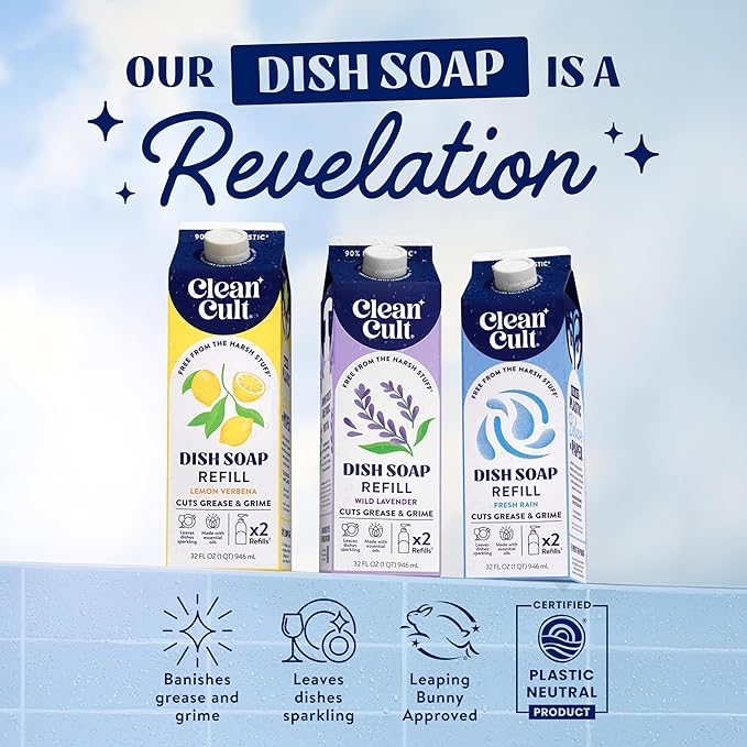 Cleancult Dish Soap Liquid Refill (32oz, 1 Pack) - Plant Based Cleaning Power - Dish Soap that Cuts Grease & Grime - Free of Harsh Chemicals - Uses 90% Less Plastic - Fresh Rain