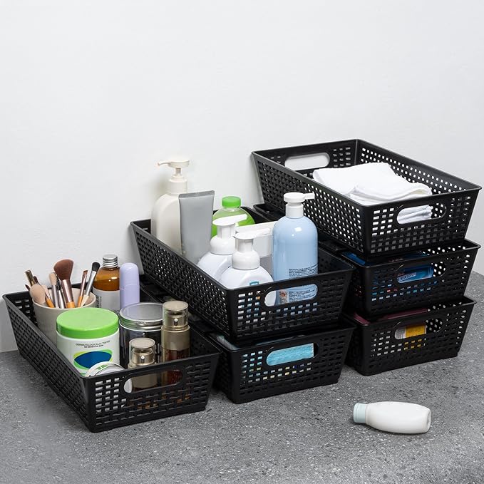 Stackable Woven Plastic Basket, Storage Bins for Cabinet, Closet, Shelf, Under Sink and Countertop, Pantry Organizer Bins, 6 Pack