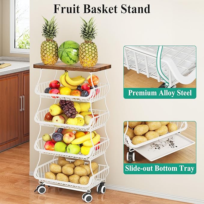 SAYZH Fruit Basket for Kitchen with Wood Top 5 Tier, Stackable Fruit and Vegetable Storage Cart, Wire Storage Basket with Wheels, Vegetable Basket Bins Rack for Onions and Potatoes, White