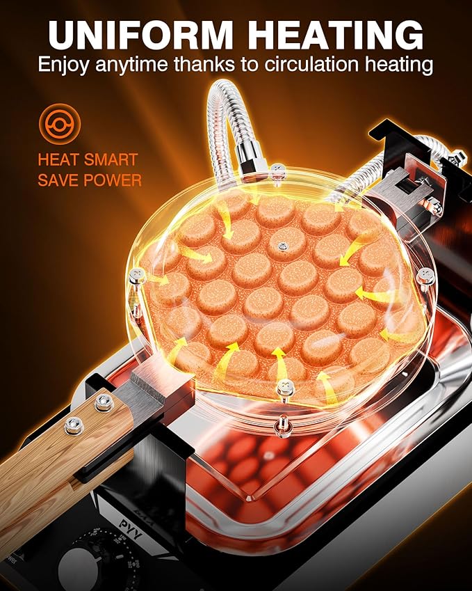PYY Bubble Waffle Maker – 180° Rotating, Non-Stick Coating, Wooden Handle & Crumb Tray, Hong Kong Round Cones, 1500W Commercial Egg Puff Waffle Iron, 122-482℉ Electric Stainless Steel