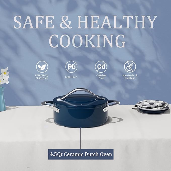 Stock Pot 4.5qt Dutch Oven with Lid (9.5") Nonstick Ceramic Coated Non-Toxic PFAS-Free Even Heat Distribution for Braising, Baking Bread & Soups, Compatible for All Cooktops(Induction/Gas/Electric) Oven Safe to 500°F (Navy Blue)