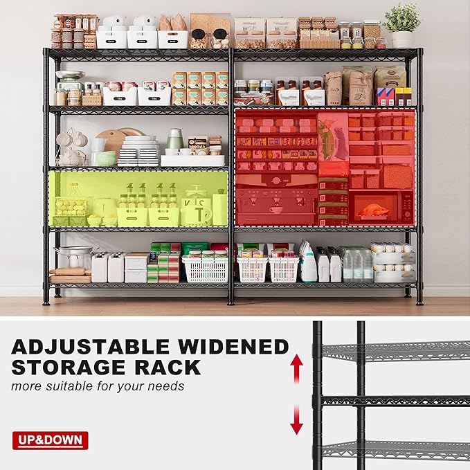 REIBII 70" W Storage Shelves Heavy Duty Load 1600LBS, Metal Shelving 5-Tier Wire Shelving Unit Metal Shelves for Storage Adjustable Shelving Rack for Pantry Kitchen 70" W*15.8" D*72.4" H, 2 Pack
