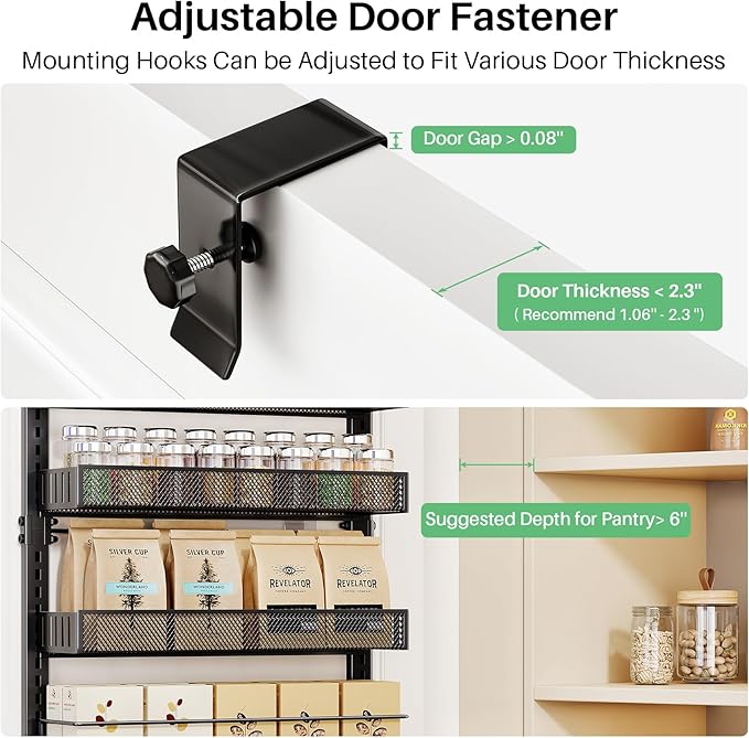 Over the Door Pantry Organizer - 8 Tier Adjustable Hanging Door Spice Rack, Large Capacity for Kitchen Pantry Storage (Black)