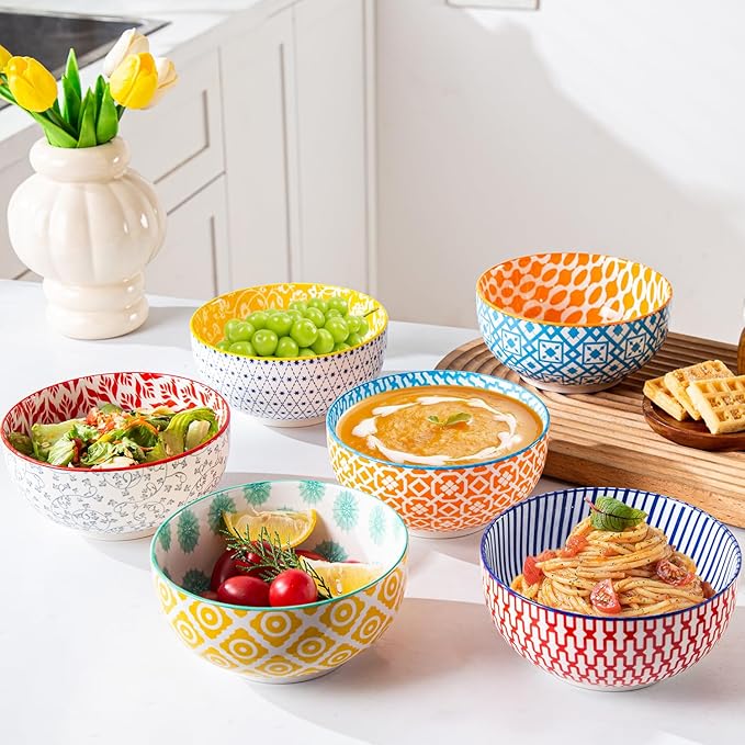 Ceramic Soup Bowls Set - 23 Oz Deep Cereal Bowl for kitchen - 6 Inch Porcelain Salad Bowl for Pasta, Dessert, Ramen - Microwave Dishwasher Safe - Set of 6 - Assorted Colors