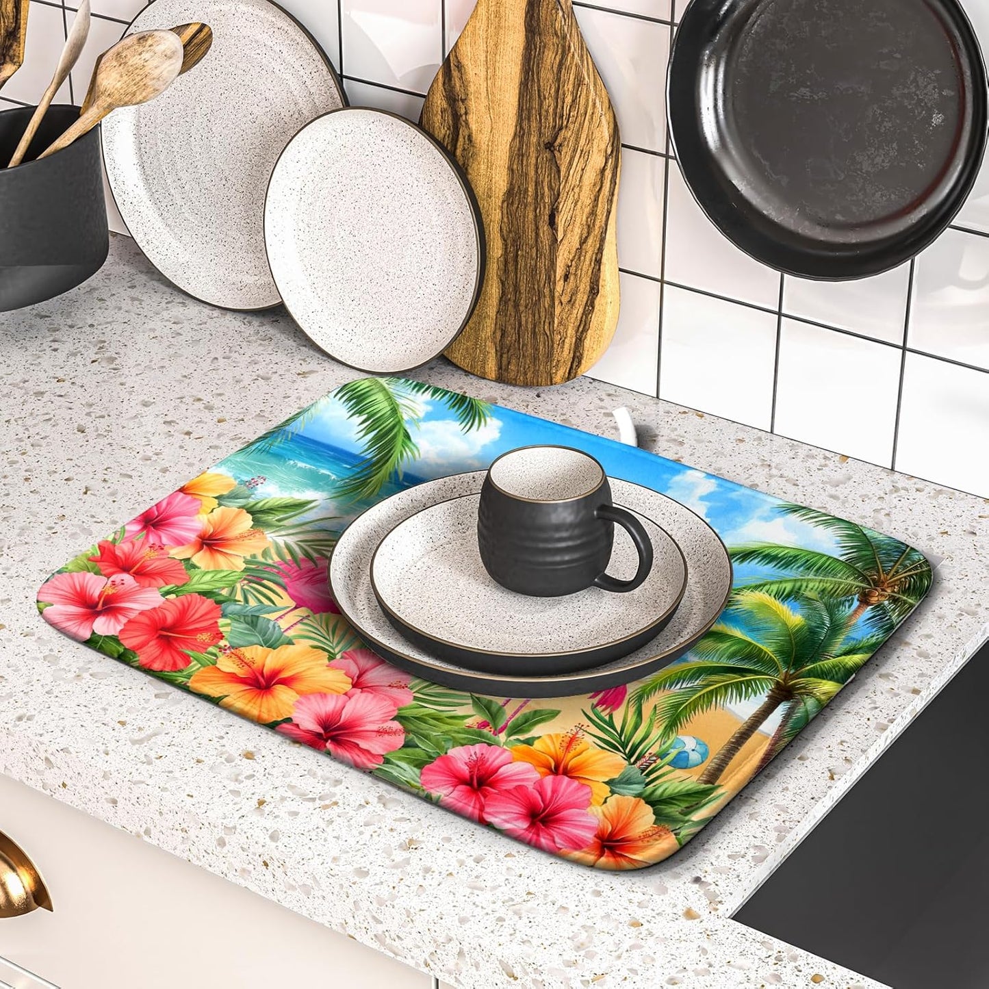 Summer Flamingos Dish Drying Mat 16x18 inch Tropical Beach Microfiber Washable Dish Rack Mats Drainer Pad for Counter Kitchen Table Decor