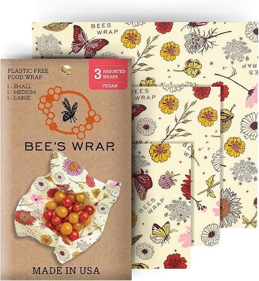 Bee's Wrap Vegan Beeswax Wraps for Food - Vegan Meadow Magic 3 Pack (S, M, L) Made in USA Reusable & Organic Food Wraps, Sandwich Wrap & Bowl Covers - Eco Alternative to Aluminum Foil & Plastic Wrap