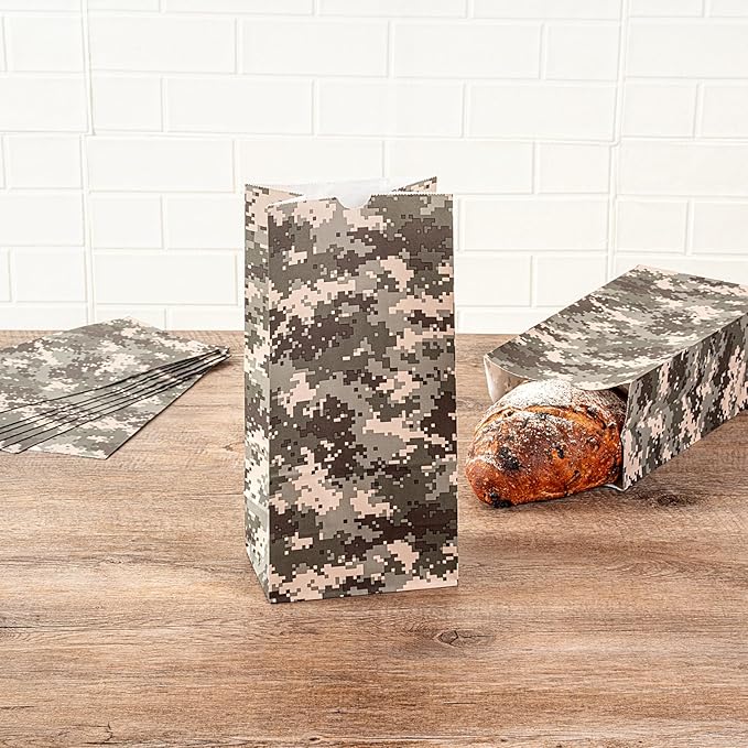 Restaurantware Bag Tek 8 LB Disposable Lunch Bags 100 Sturdy Take Out Bags - Flat Bottom Great For Restaurants Cafes And Bakeries Camouflage Paper Popcorn Bags Versatile For Grocery And More
