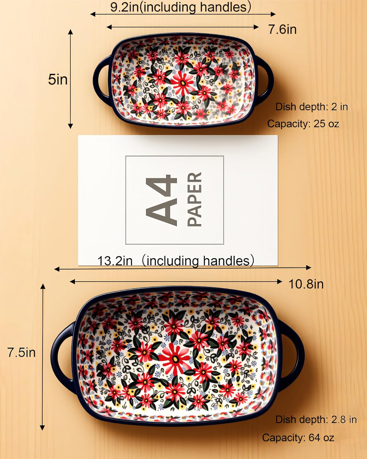 Polish Pottery Style Ceramic Baking Dish Set of 2 – Decorative Casserole Dishes with Handles, Cute Oven-Safe Lasagna Bakeware Gift Set