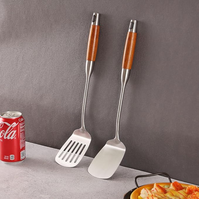 18/10 Stainless Steel Spatulas Set - 15” Long Spatulas for Kitchen, Metal Cooking Utensils - 1 Slotted Spatula + 1 Solid Turner (style B - roosewood handle)