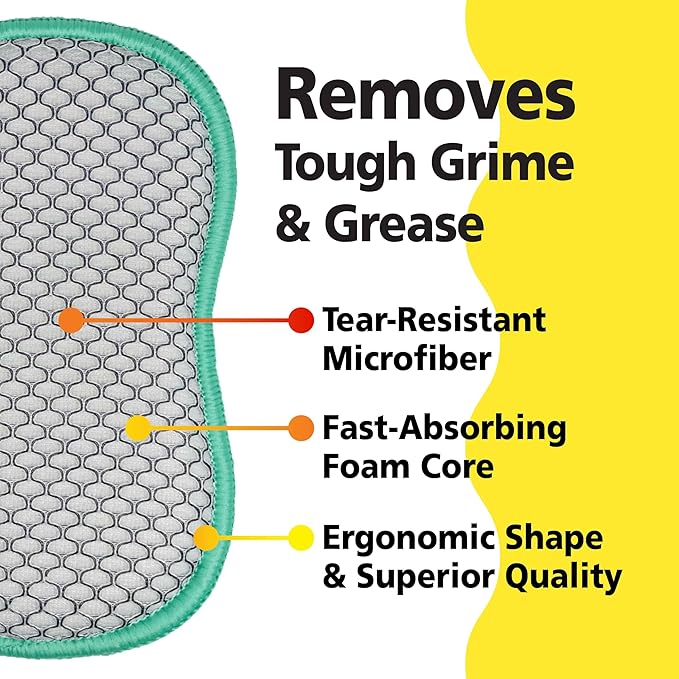 Soft-Scrub by Tuff-Scrub Scrub-N-Wipe Pad, Large, 6-Pack, Microfiber, Multi-Surface, Non-Scratch, Dual-Sided, Scrubber for Dishes, Sinks, Non-Stick Cookware, Machine Washable, Kitchen Sponge