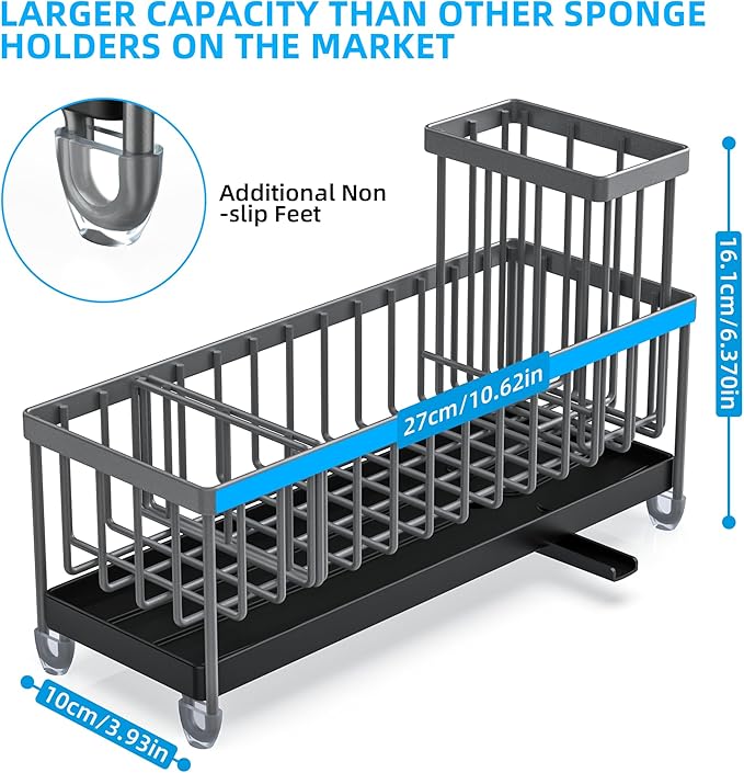 Moforoco Extra Large Sponge Holder for Kitchen Sink Organizer Caddy, Dish Brush Scrubber Holder,Stainless Steel Sink Box Utensil Holder,Soap Dispenser Set Tray Counter Accessories(Grey)